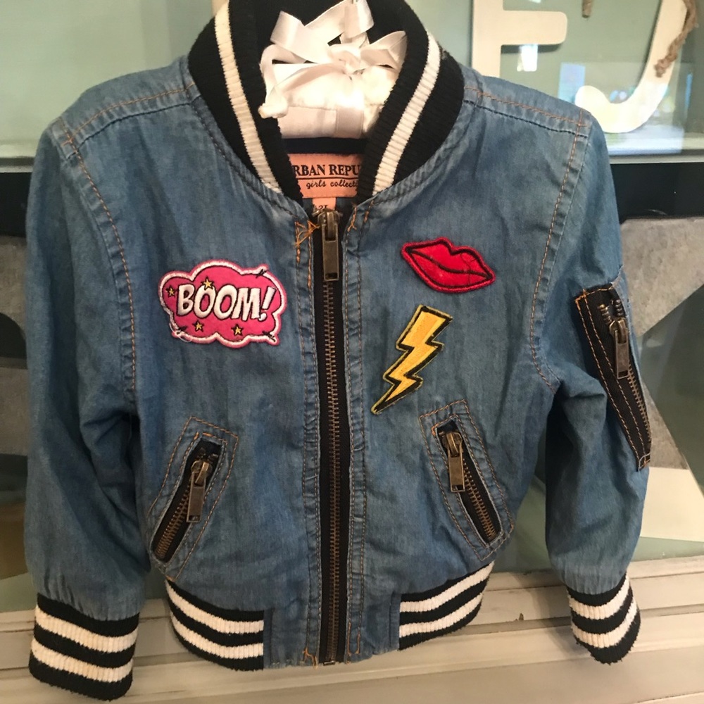 jean color bomber jacket with style patches